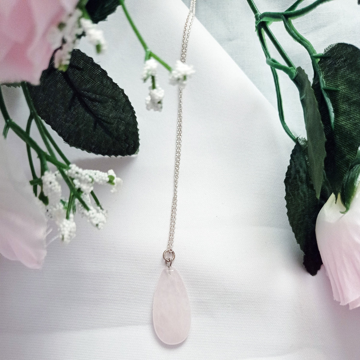 Rozenkwarts Druppel Collier — 925 Zilver