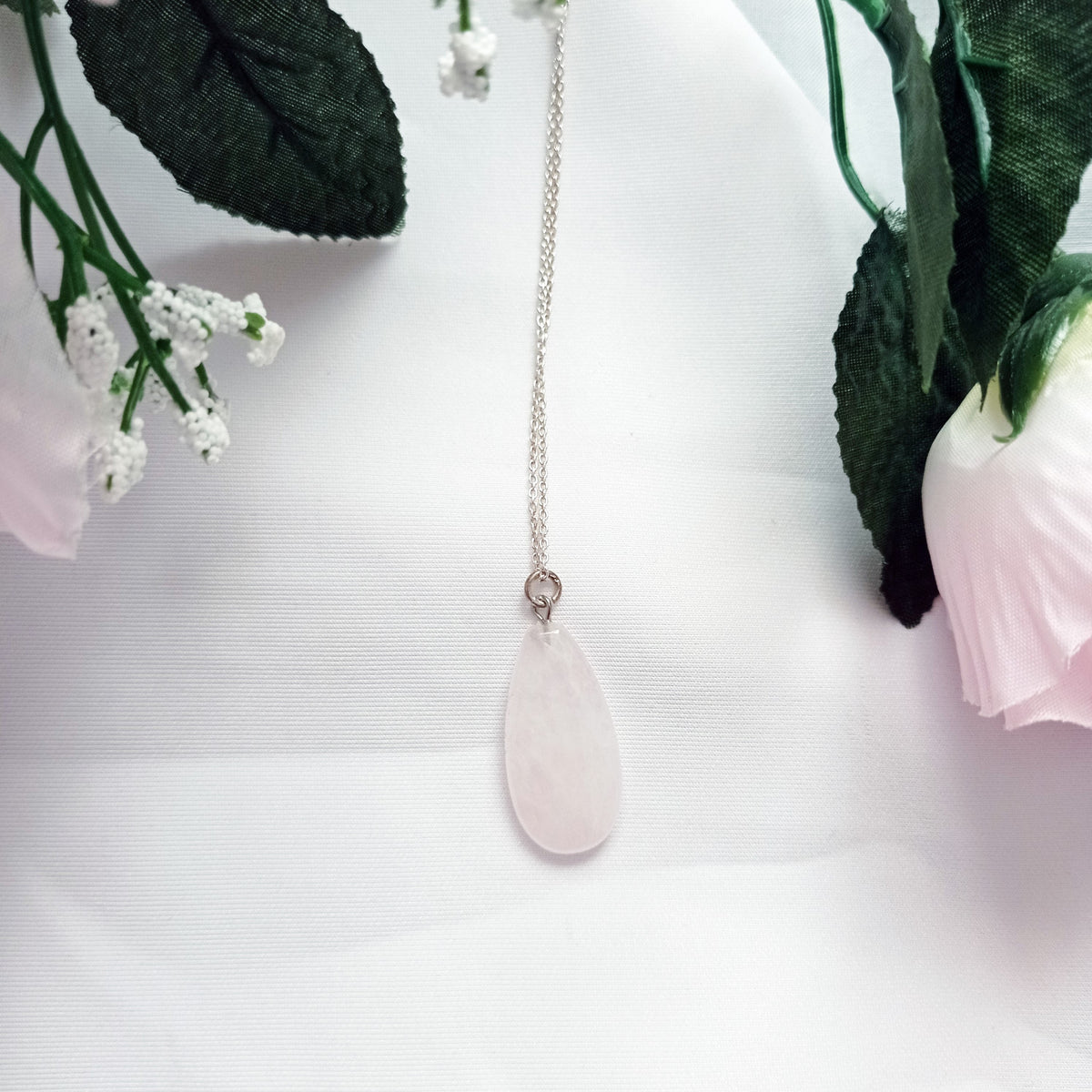 Rozenkwarts Druppel Collier — 925 Zilver