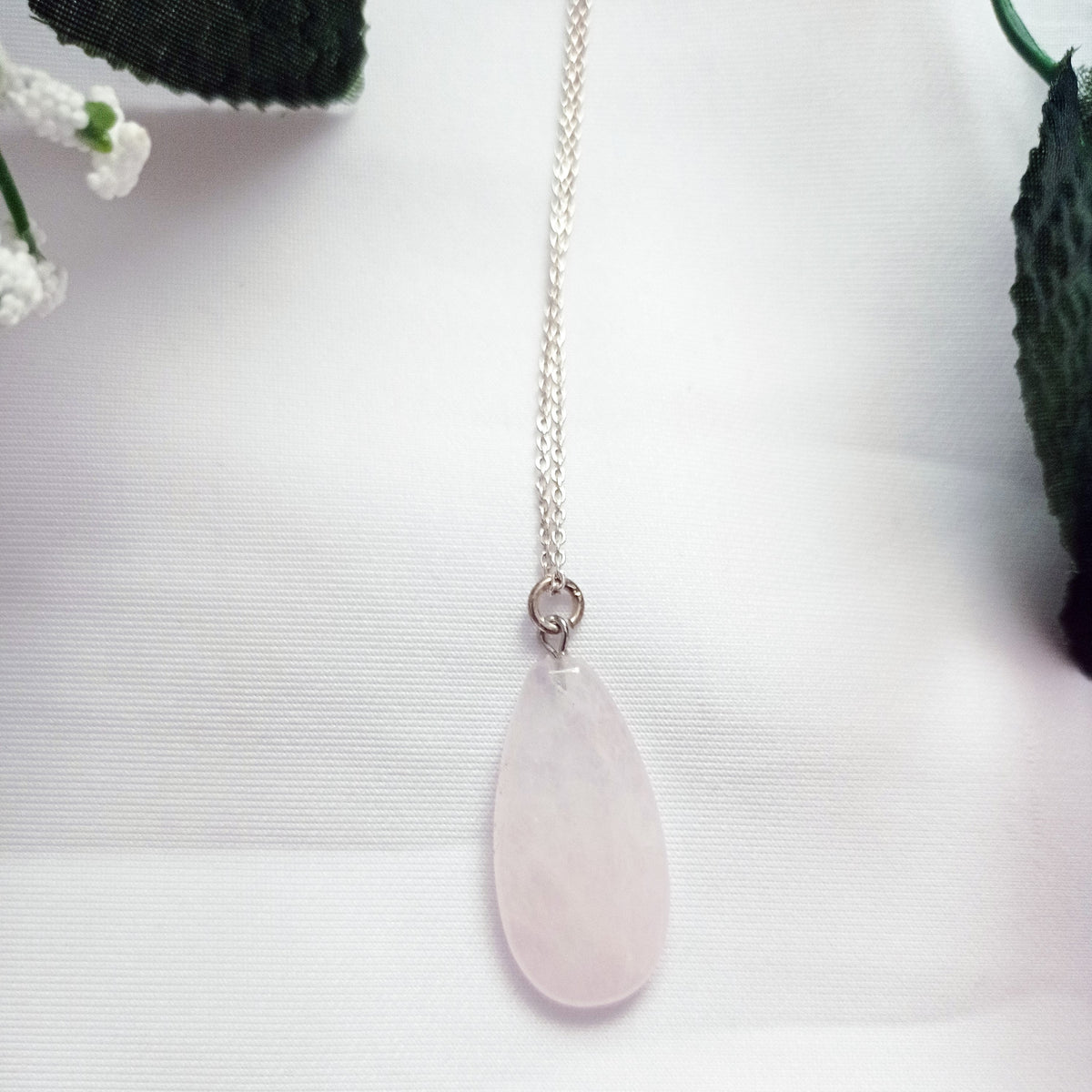 Rozenkwarts Druppel Collier — 925 Zilver
